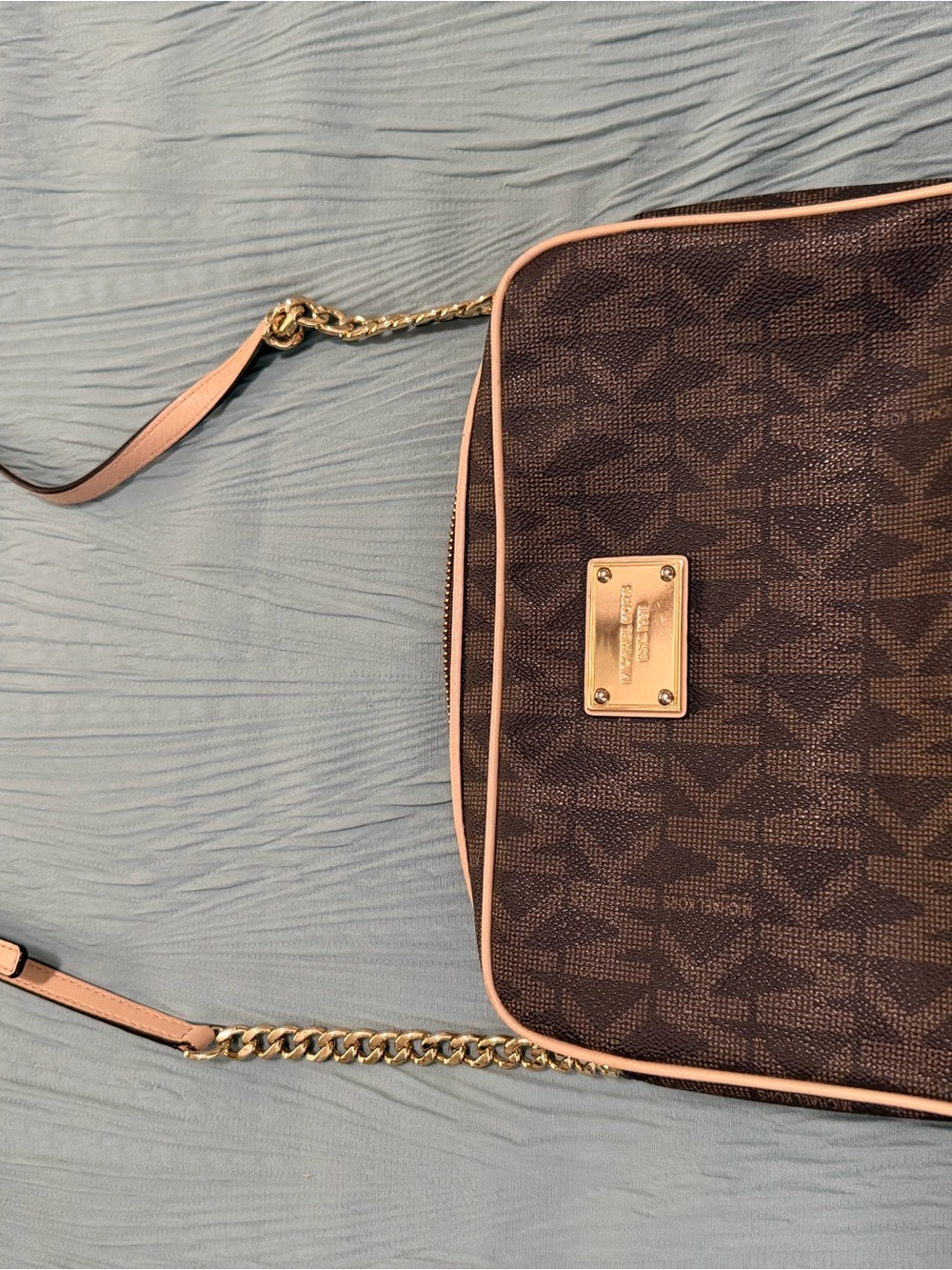 Brown Signature Print Crossbody Bag with Pink Trim and Gold Hardware
